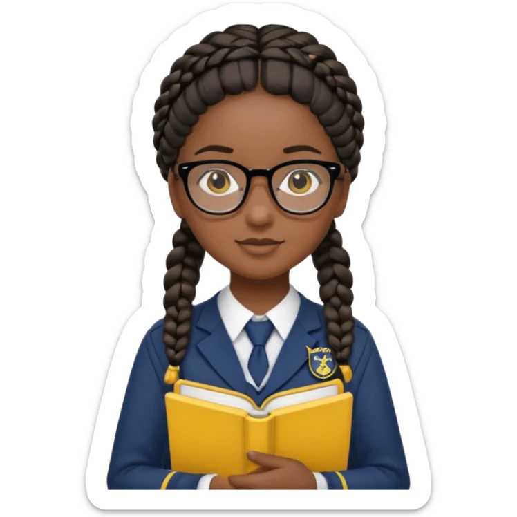 Girl student wearing uniform, glasses, hold yellow book in front of their chest, black braided hair, dark skin sticker