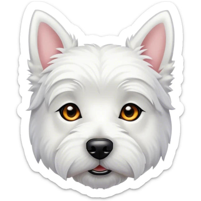 Cinematic Noble West Highland White Terrier Portrait Emoji, Poised and regal, with a compact, sturdy build and a pristine, well-groomed pure white coat, deep-set soulful dark eyes, Simplified yet sharp and sophisticated features, highly detailed, glowing with a soft, dignified glow, high shine, intelligent and loyal, stylized with an air of confidence, focused and attentive, soft glowing outline, capturing the essence of a watchful and determined companion, so majestic it feels as though it could trot out of the screen with effortless authority! sticker