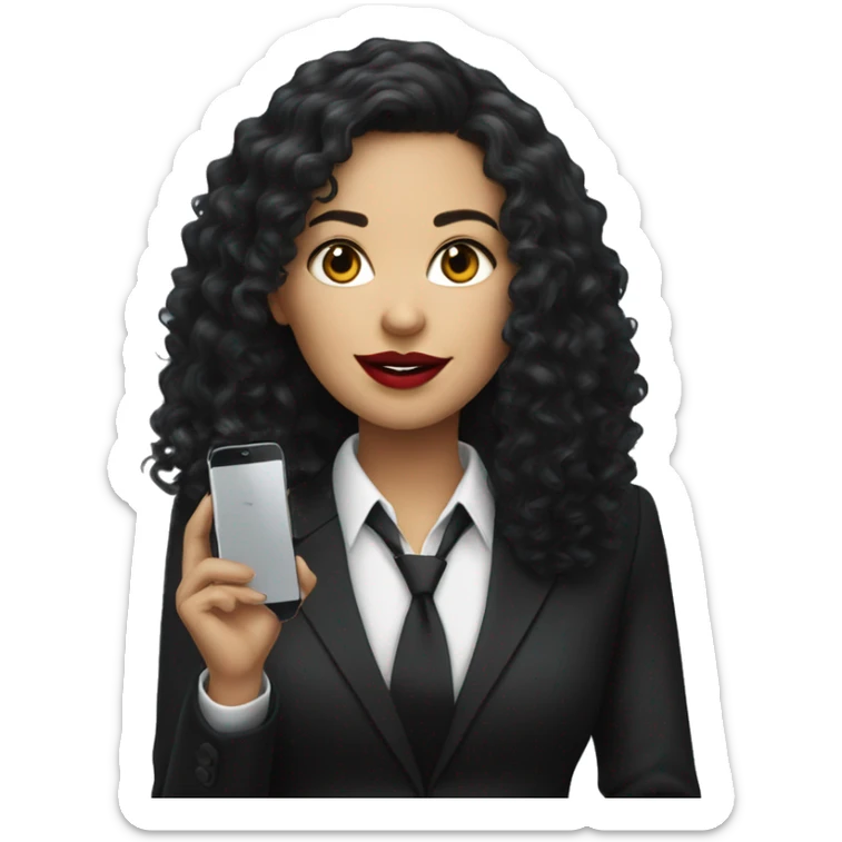 corporate white woman, red lipstick, long black curly hair, with a phone, black shirt, black blazer  sticker