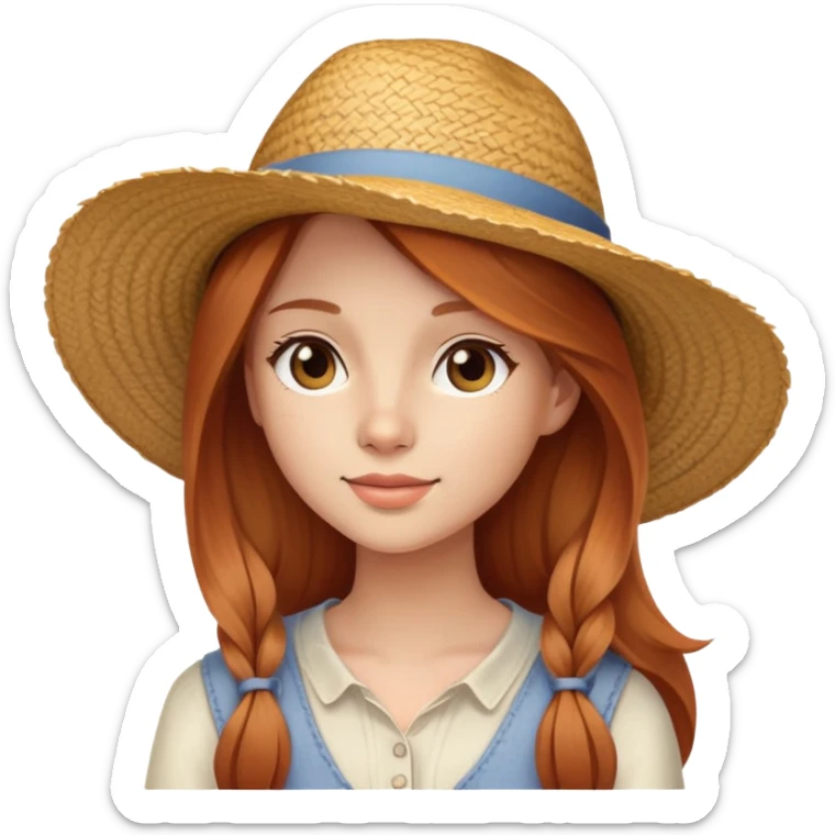 Young lady with light skin, and long sideswept straight light auburn hair, wearing a straw hat sticker