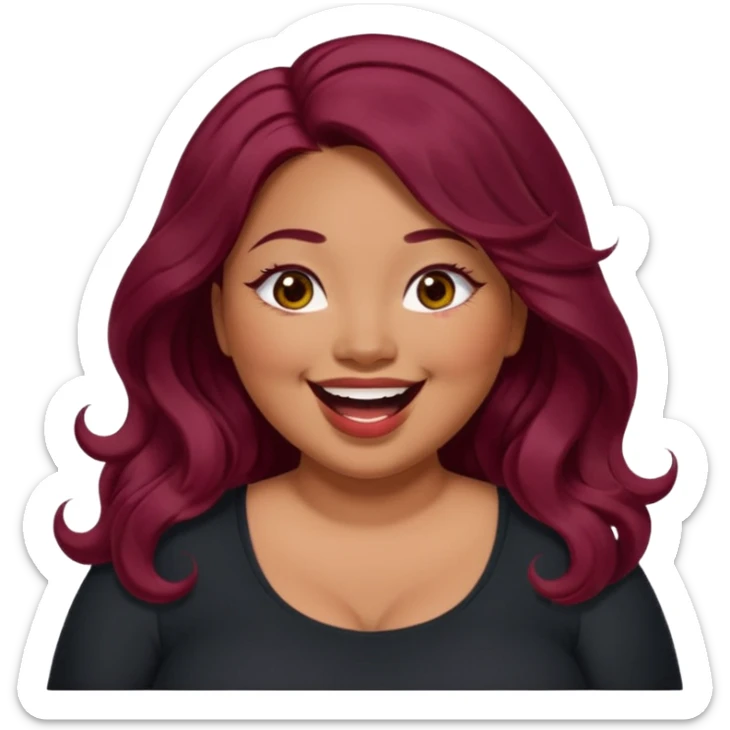 Plus size red hair brown face small eyes long hair Asian eyes small eyes wavy hair eye lashes burgundy hair black shirt laughing small slanted eyes sticker