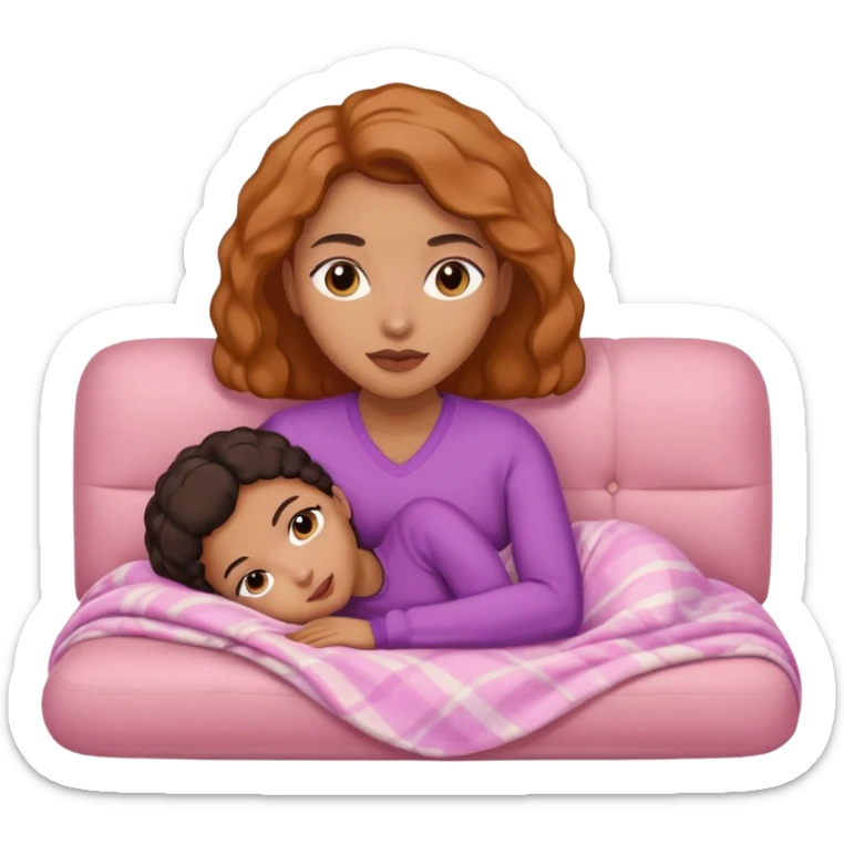 Mixed-race woman with caramel skin, slim thick, lying on a beige sofa with a pastel pink blanket sticker