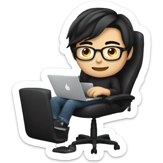 asian boy with glasses, long straight hair, wearing black clothes , working on his laptop seating on a gaming chair sticker