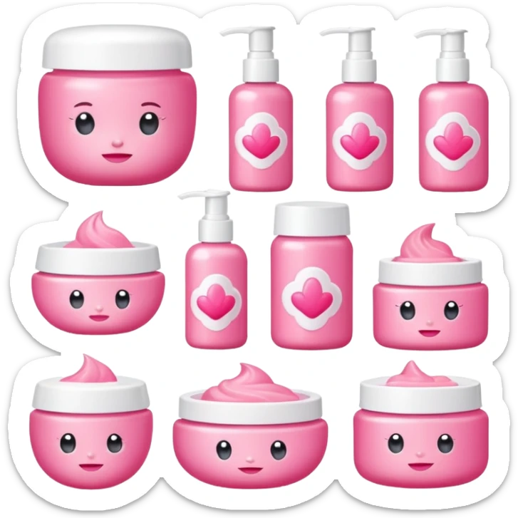a collection of bright pink soft baby skincare and coqquette sticker