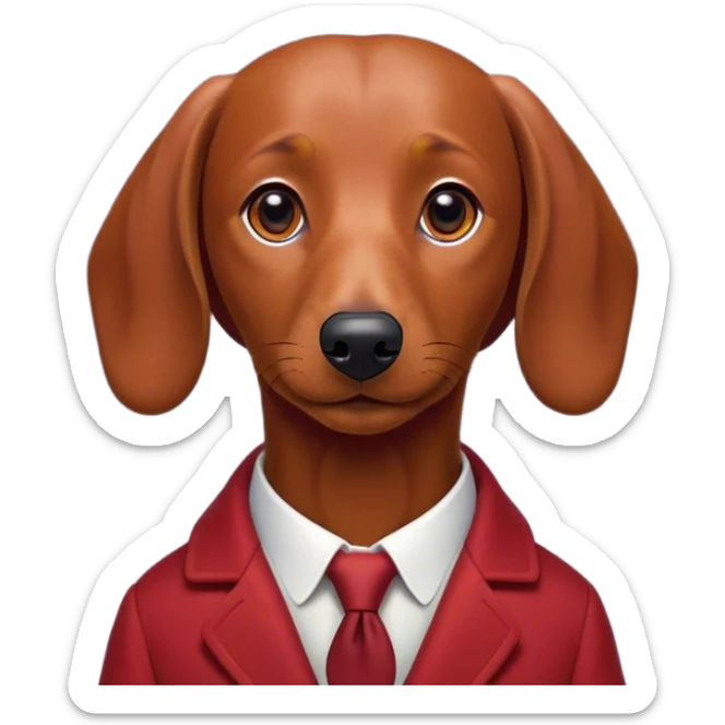 Cinematic Noble Red Dachshund Portrait Emoji, Poised and regal, with a long, low-slung build and a smooth, well-groomed red coat, deep-set soulful brown eyes, Simplified yet sharp and sophisticated features, highly detailed, glowing with a soft, dignified glow, high shine, intelligent and determined, stylized with an air of charm, focused and attentive, soft glowing outline, capturing the essence of a watchful and confident companion, so majestic it feels as though it could slide out of the screen with effortless authority! sticker