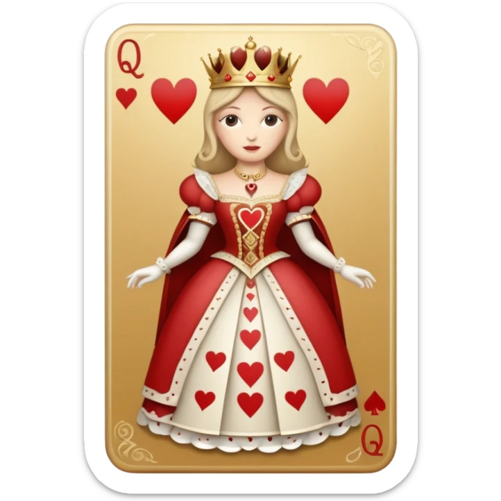 a playing beige and white card depicting the Queen of Hearts in gold sticker
