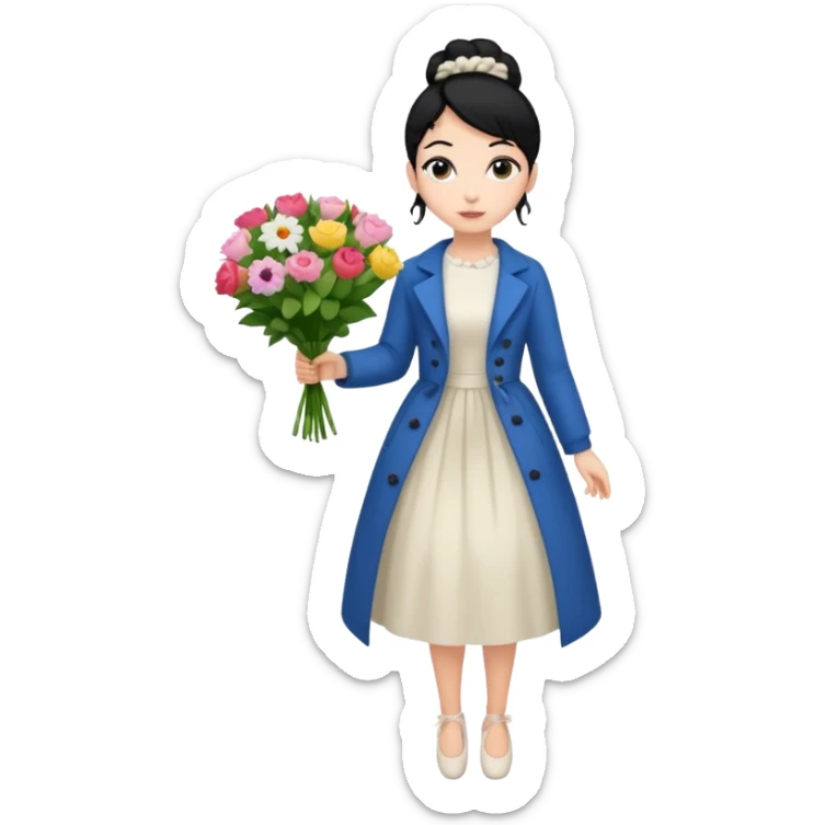 Chica blanca,cuerpo entero, vestido fiesta blanco ,manga larga ,con abrigo, pelo negro,    ramo de flores una mano, pelo recogido en moño alto sticker