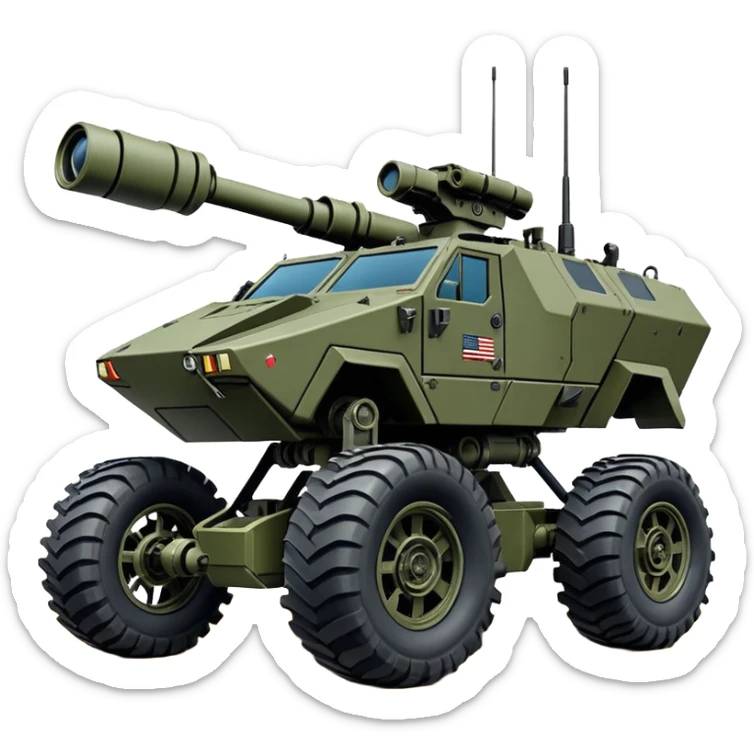 a roomy American 4-wheel armored personnel stealth camouflage army massive mech trail vehicle shooting forward side-hill leaning actively articulating hydraulic independent suspended pod gimbal enemy mech off-road racing rover with large fast engine RC basher megatron  sticker