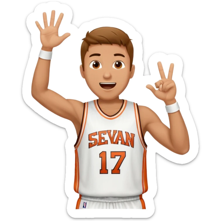 Maverick Trevillian in the crowd at an amateur basketball game. He leans towards the camera and enthusiastically shouts "six seven while performing a distinctive hand gesture: both hands open, palms facing upward, moving up and down as if weighing two options. sticker