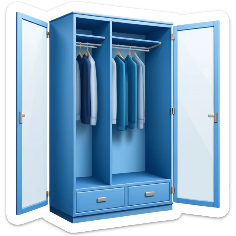 Emoji for Furniture Design: 3D installation with dimensions and a ruler or measuring tape, a blueprint of a wardrobe without clothing inside. The icon should represent the detailed design and measurement process in furniture creation. Transparent background. sticker