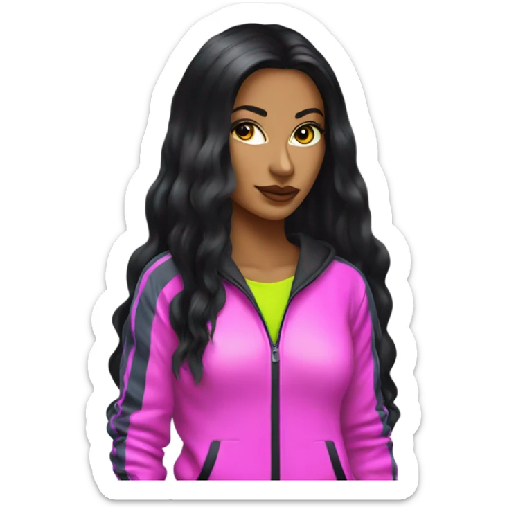 Tanned woman with long black hair, dressed in y2k  hair, makeup, and neon velvet tracksuit attire sticker