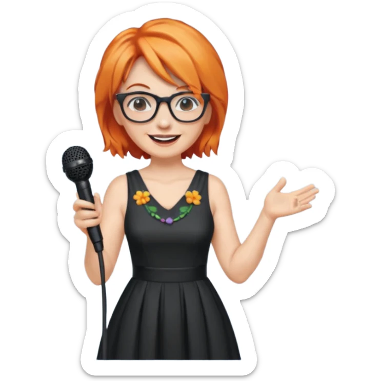 singer, Middle age, orange hair, happy, holding mic, wearing dress, glasses sticker