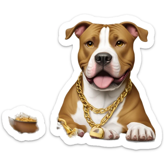 A dog pitbull with a big gold chain on that says “G-UNIT” and a bowl of dog food right next to the dog that says “G-UNIT” on the bowl  sticker