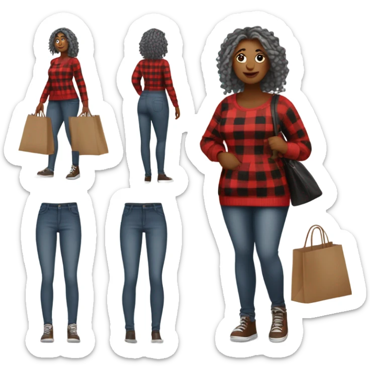 Curvy woman gray locs in pants shopping.  curvy woman is brown with red locs in a skirt with plaid sweater shopping sticker