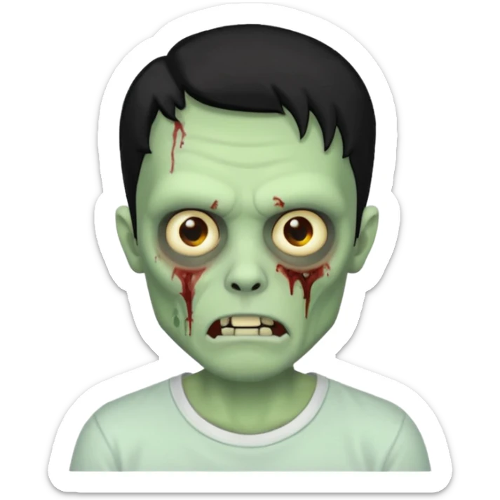 Rosto de frente classico de zombie boca meio torta cabelos pretos no corte low fade com pele verde clara camiseta branca sticker