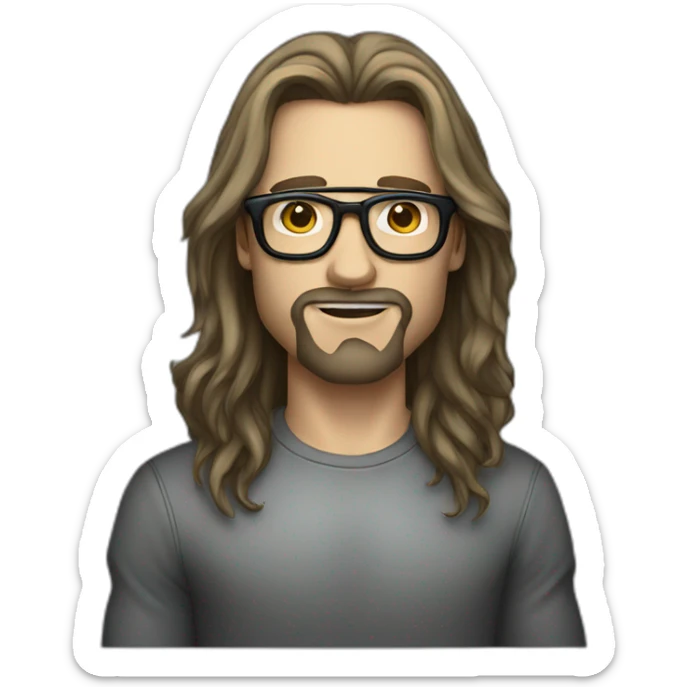 male caucausian designer with long hair and black rimmed glasses, heavy metal sticker