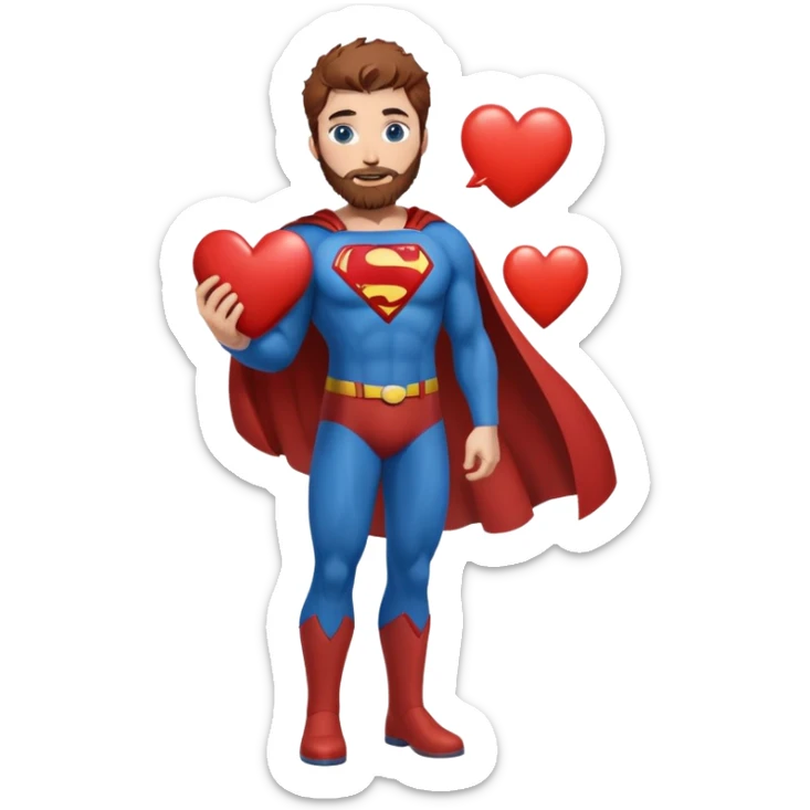 Adult-tall-full body- Superman-with redish brownish messy hair-full neatly trimmed beard-blue eyes-holding a heart  sticker