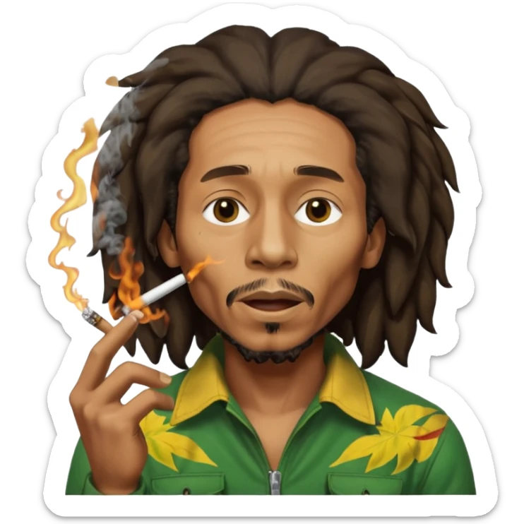 Bob Marley version cartoon fumant un jour de beuh dans la bouche avec beaucoup de fumé et un effet vraiment voyant sur son visage qu’il n’est pas dans son état normal sticker