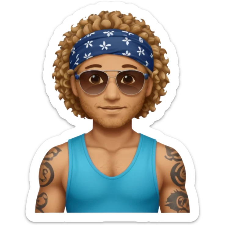 curly hair tatoon men gym body  with bandana & sunglass sticker