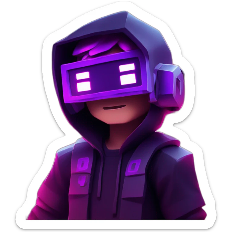 Minecraft steve wearing a black hoodie with "OMG" letters on it and VR headset in a cyberpunk VR environment with violet neon lighting. sticker