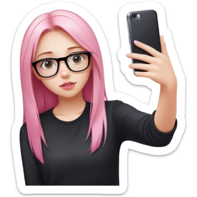 A teenage girl taking a selfie in a school bathroom. She has long, straight blonde and pink-dyed hair, wears rectangular glasses and a black shirt. Her expression is neutral with glossy lips sticker