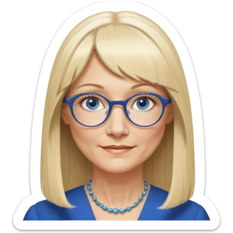 50 yr old white woman, hippie parted very long hair, short bangs, very long straight blond hair, oval face, small smile, blue eyes, thin face, hair downback, hair parted at center of head, round cheeks, pale, longer hair, business dress, long hair, big glasses sticker