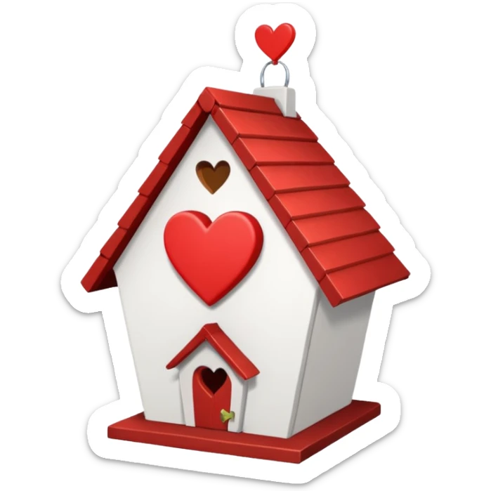 a birdhouse with a red roof with the rest white and a heart at the top but below the roof sticker