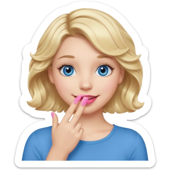 Girl Blonde short wavy hair,  blue eyes, cute blue top, long lashes, pink lips, smiling, hand covering the mouth sticker