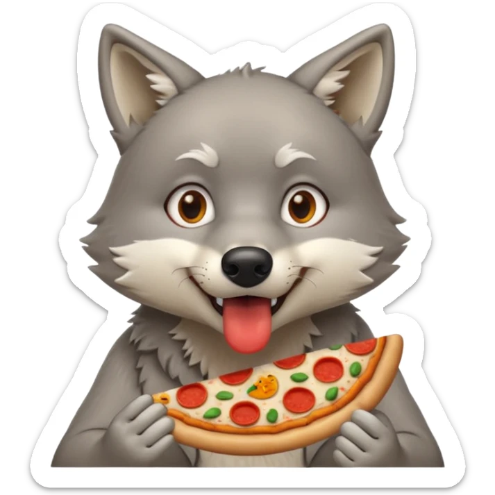 a surprised grey wolf eating a piece of pizza in a sitting pose emoji sticker