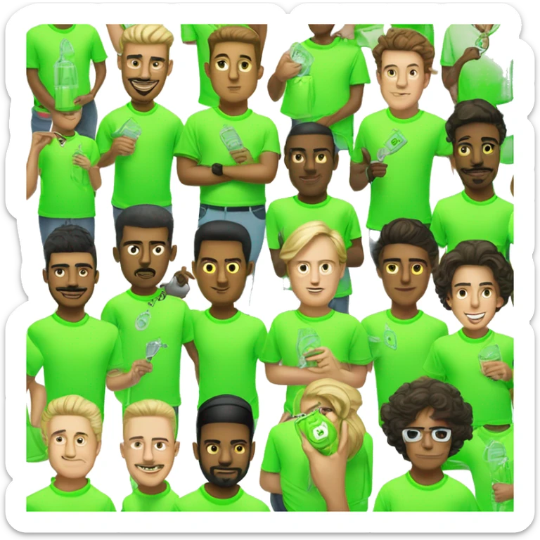 group of fashionable and flamboyant men in neon green shirts holding a very small clear bag in one hand and a key in the other sticker