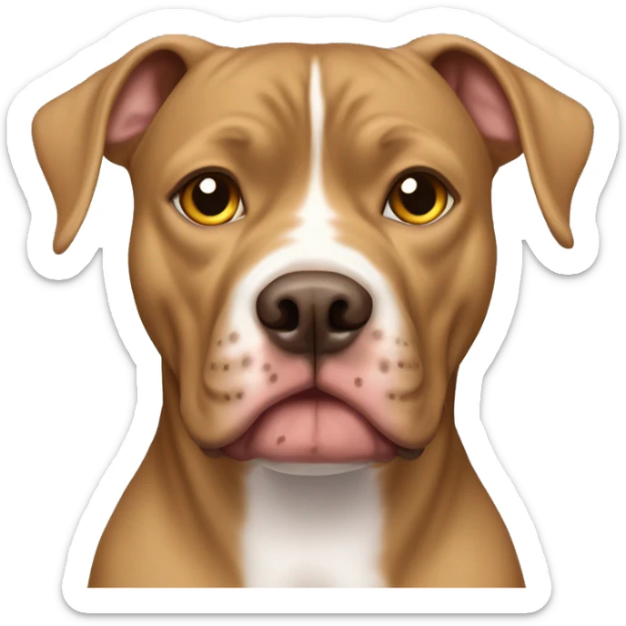 A light brown pitbull femail dog with cripped ears and golden eyes, her face is golden brown without white spots, her chest has a white spot sticker