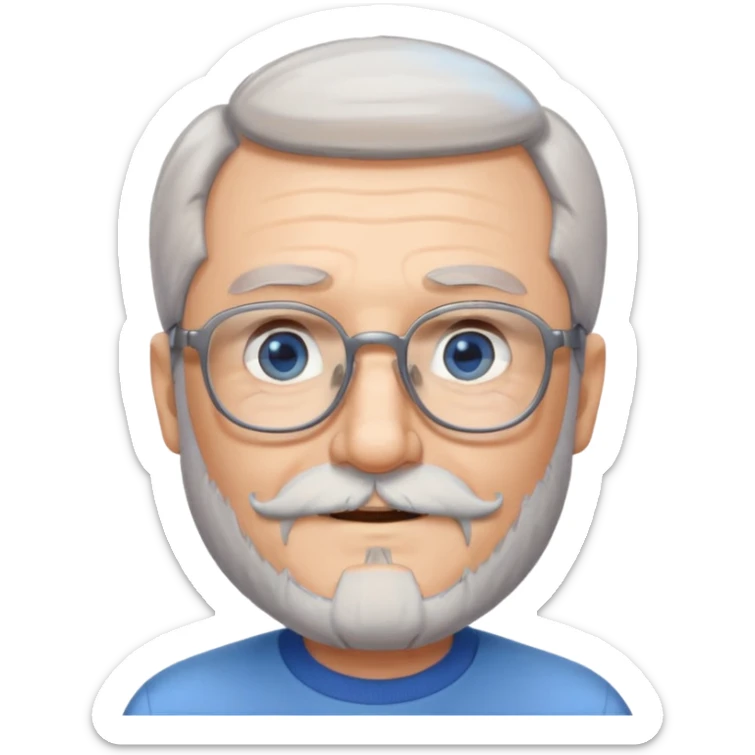 Create me an emoji of an old man. Gray really short size hair. Gray follow-up full beard. Squarer Glasses. Blue eyes. Little smile sticker