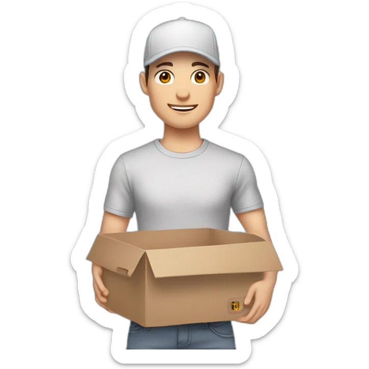 Pale skinned fit Man with dark brown hair in a white cap, gray jeans and gray polo T-shirt keeping a pasted box into his hands sticker