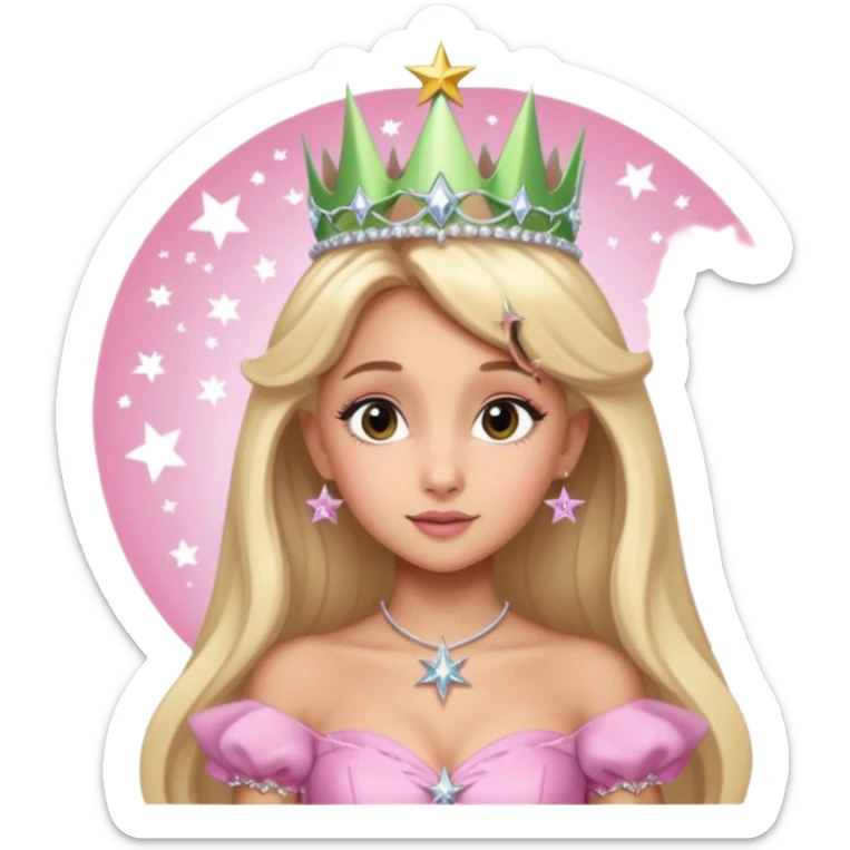 glinda the good witch from wicked movie (ariana) blonde hair, beautiful, big silver thin tiara, star wand, pink gown sticker