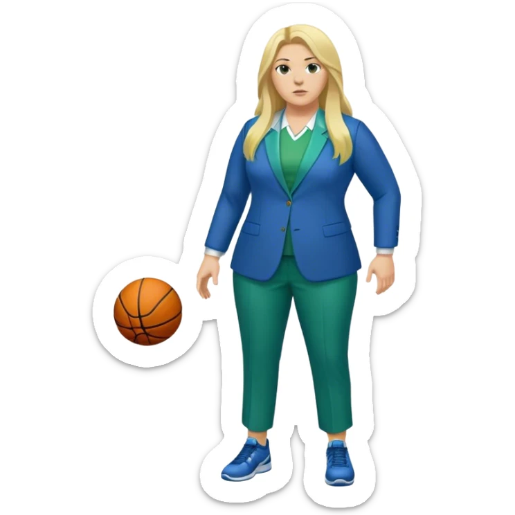 Full Body white plus size female basketball head coach with long blonde hair in a blue and green suit sticker