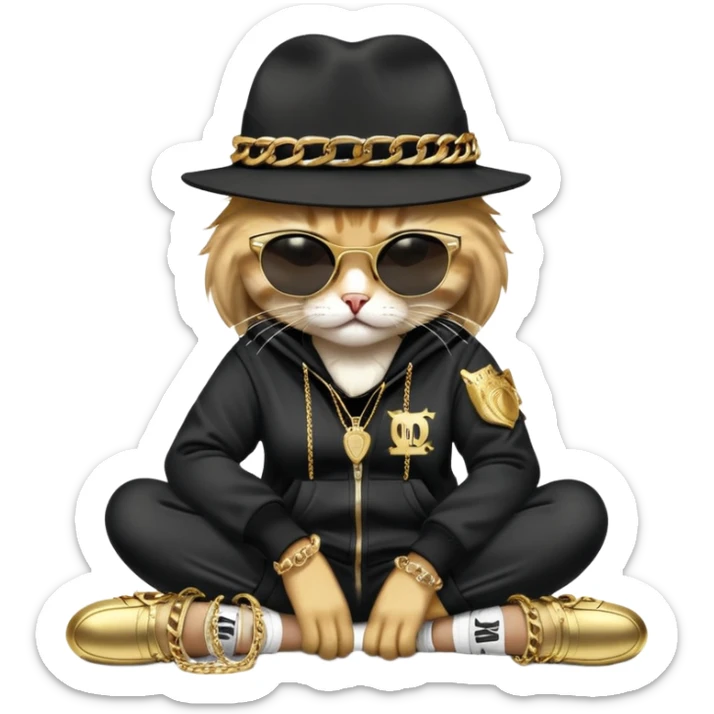 female cat dressed like Run DMC with tracksuit, fedora, Adidas shoes, dark sunglasses, lots of gold chains, rings, bracelets, earrings, lying on the ground, distressed and crying sticker