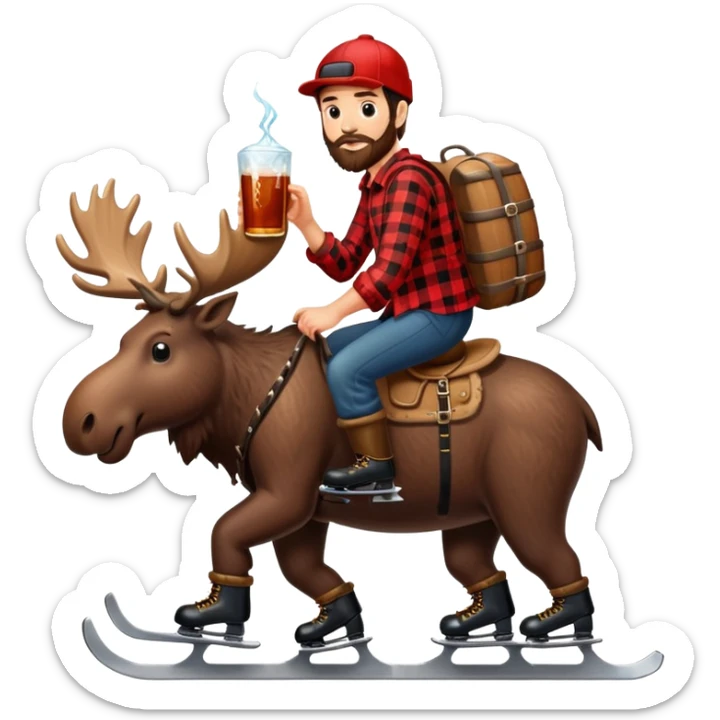canadian lumberjack wearing red and black flannel shirt and drinking maple syrup and wearing ice skates while riding on a moose sticker