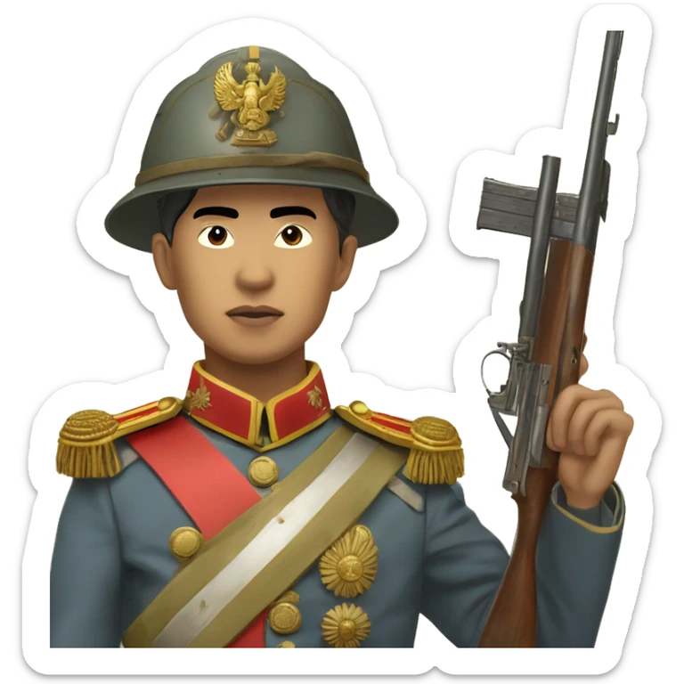 Filipino Enlisted man Republican Soldier year era ww1 holding a rifle, with a Pickelhaube Überzug helment exposing the gold Spike on the top, with a Russian empire uniform. sticker