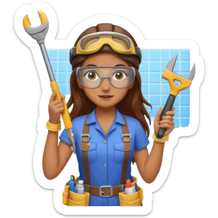 beautiful girl with long brown hair constructing new bathroom area with new shower and amenities  sticker