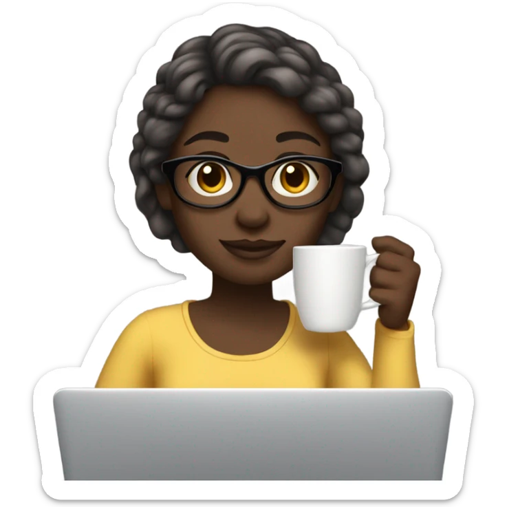a clean girl drinking her hot coffee at in front of her laptop, she has black skin sticker