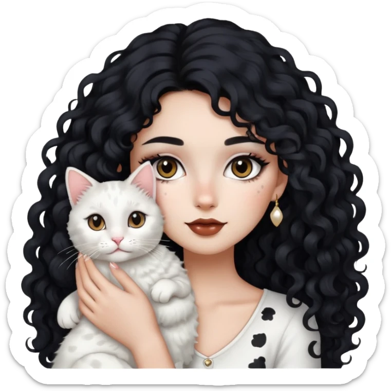 Girl with long curly black hair with makeup on holding a white cat with some brown and black spots  sticker