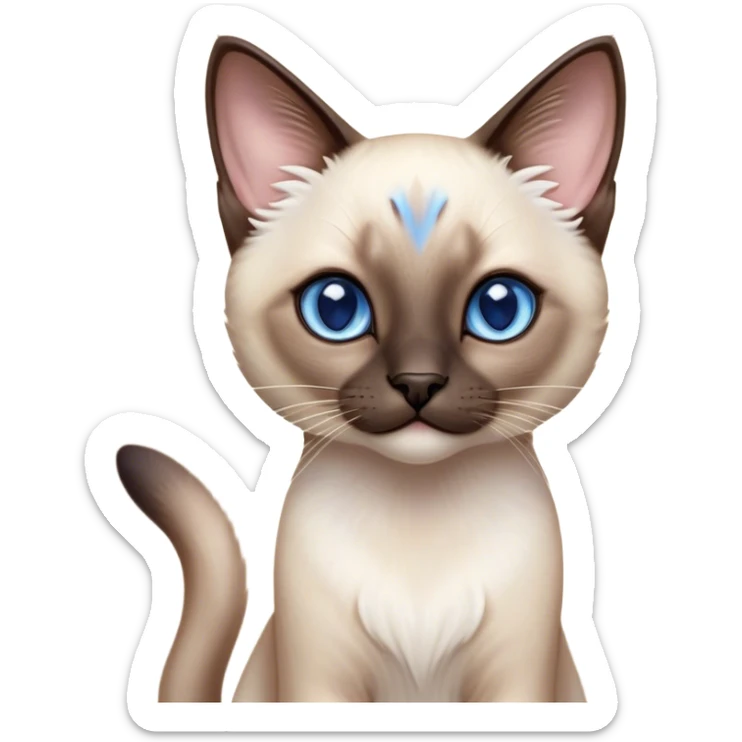 Cinematic Cute Siamese Cat Portrait Emoji, slender body, soft cream-colored fur with rich dark points on the ears, face, paws, and tail, big, sparkling sapphire-blue eyes, Simplified yet irresistibly adorable features, highly detailed, glowing with a warm, cozy glow, high shine, curious yet calm, stylized with a touch of whimsy, bright and endearing, soft glowing outline, capturing the essence of a mischievous yet lazy and loveable kitty, so cuddly it feels like it could waddle right out of the screen for a snuggle! sticker