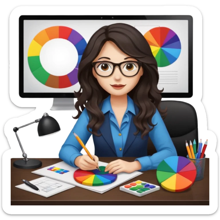 female dark wavy long hair graphic designer , holding color wheel , pens, papers, desktop sticker