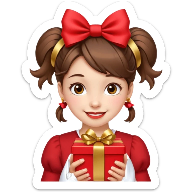 A cheerful young girl with brown hair styled in two playful buns adorned with red bows is winking and smiling.  In her hands, she holds a small decorated  sticker
