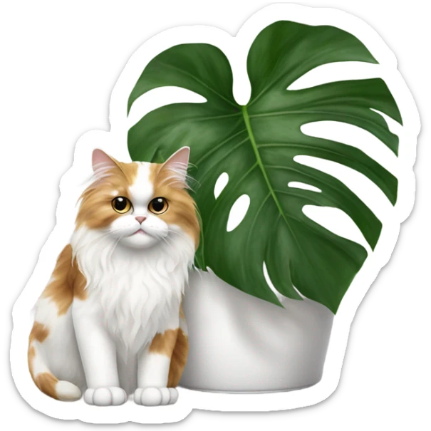 Calico persian cat beside monstera plant with 4 matured leaves in white pot sticker