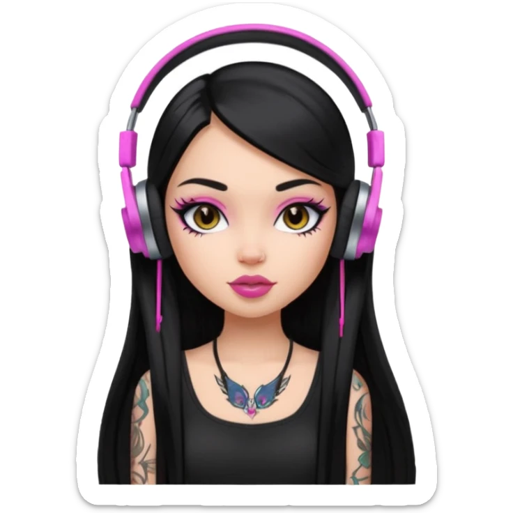 generate a pretty bratz girl with black long straight hair and headphones on, tattoo on shoulder, eyeliner on sticker