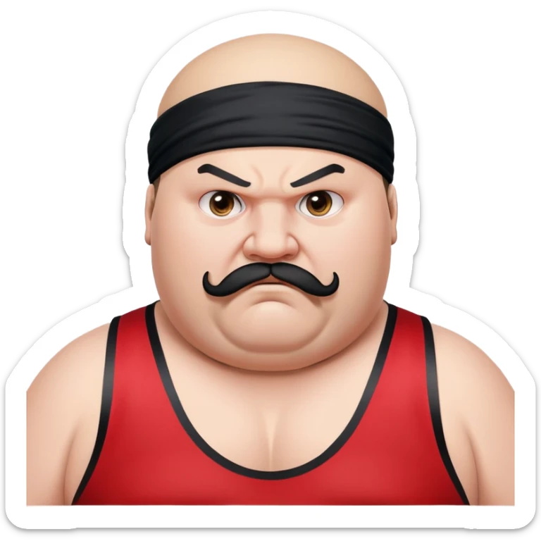 Extreme close-up of face of morbidly obese white skin guy with young face, prominent BLACK DURAG tied clearly on head, distinct black beard and mustache, black eyes in a red and black wrestling singlet with angry expression sticker