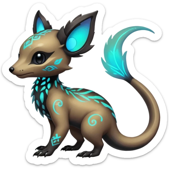 Rare futuristic bioluminescent iridescent neon glowing cute epic aesthetic gothic colorful Salandit-Eevee-Trico-Civet-species-Fakemon-hybrid-creature, with intricate tattoo markings, full body sticker