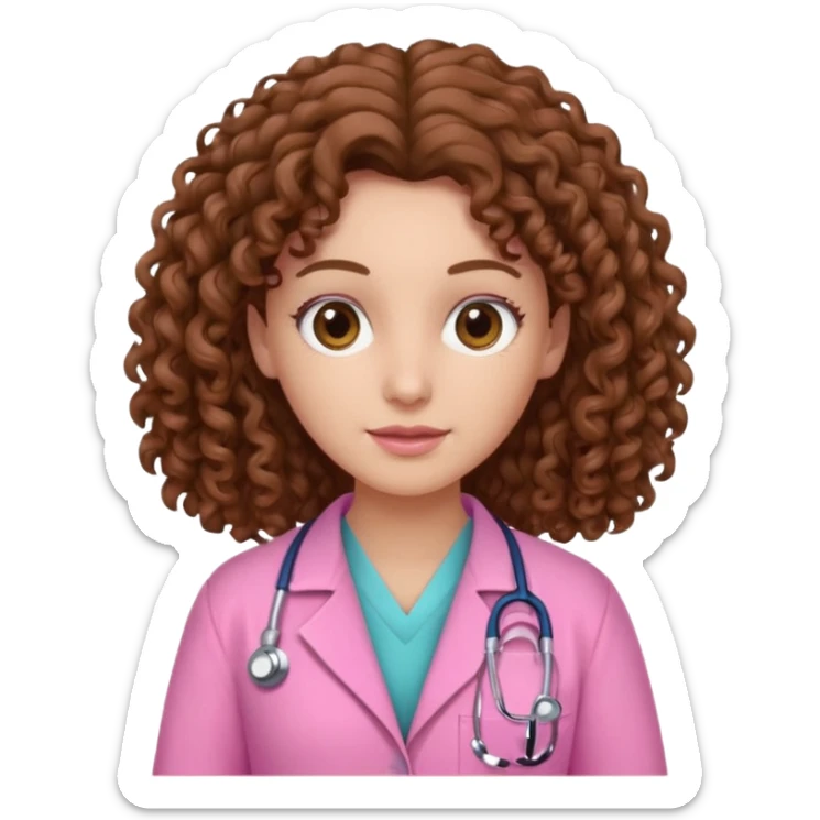 médica, cabelo castanho, pele branca, cabelo cacheado, cabelo comprido, roupa rosa sticker