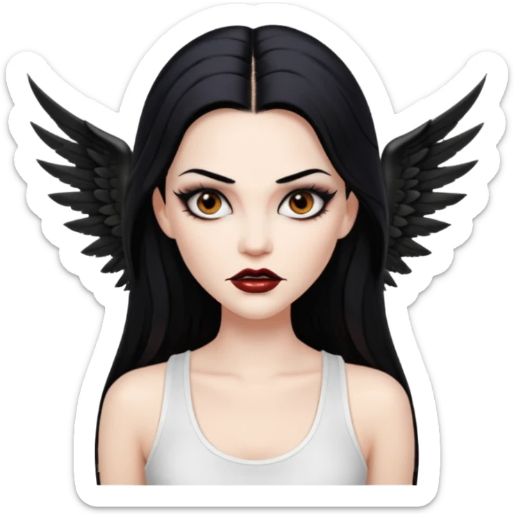 White woman with a white tank top long black hair glossy middle part long hair vamp look with fangs brown eyes eyeliner winged with lashes top and bottom white border big lips black eyebrows sticker